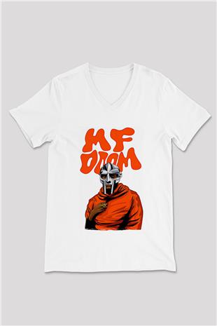 Mf Doom Baskılı Beyaz Unisex V Yaka Tişört - Tshirt