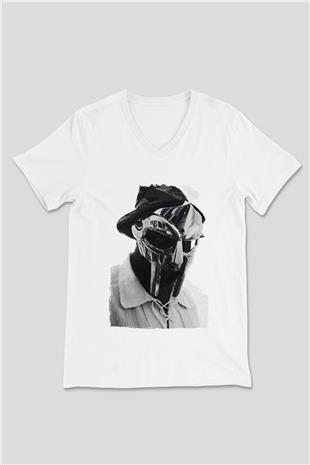 Mf Doom Baskılı Beyaz Unisex V Yaka Tişört - Tshirt