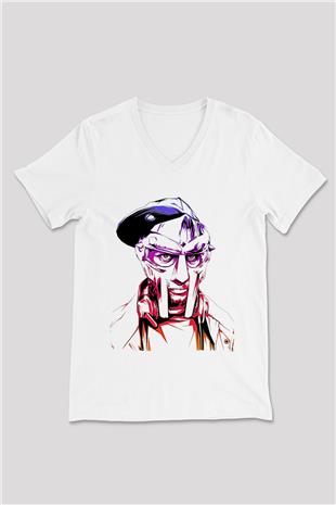 Mf Doom Baskılı Beyaz Unisex V Yaka Tişört - Tshirt