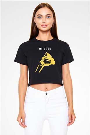 Mf Doom Baskılı Siyah Crop Top Kadın Tişört - Tshirt