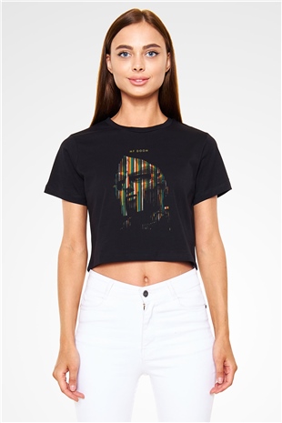 Mf Doom Baskılı Siyah Crop Top Kadın Tişört - Tshirt