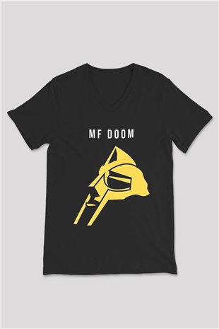 Mf Doom Baskılı Unisex Siyah V Yaka Tişört - Tshirt