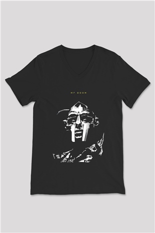 Mf Doom Baskılı Unisex Siyah V Yaka Tişört - Tshirt
