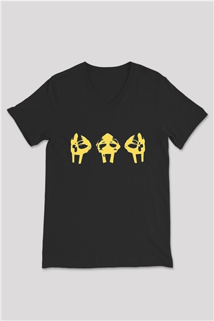 Mf Doom Baskılı Unisex Siyah V Yaka Tişört - Tshirt