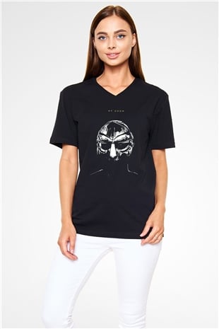 Mf Doom Baskılı Unisex Siyah V Yaka Tişört - Tshirt