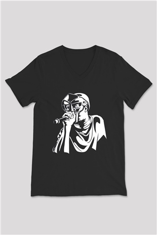 Mf Doom Baskılı Unisex Siyah V Yaka Tişört - Tshirt