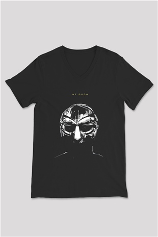 Mf Doom Baskılı Unisex Siyah V Yaka Tişört - Tshirt
