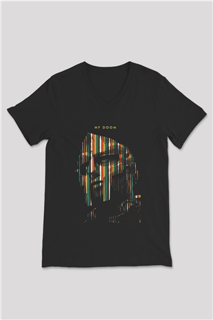 Mf Doom Baskılı Unisex Siyah V Yaka Tişört - Tshirt