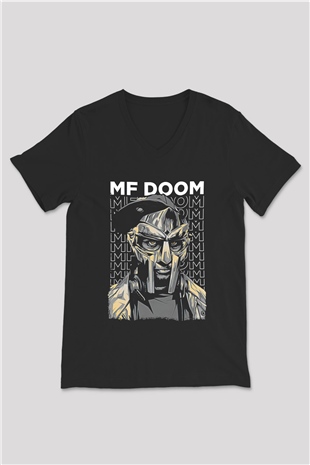 Mf Doom Baskılı Unisex Siyah V Yaka Tişört - Tshirt
