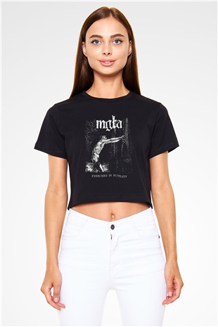 Mgla Baskılı Siyah Crop Top Kadın Tişört - Tshirt