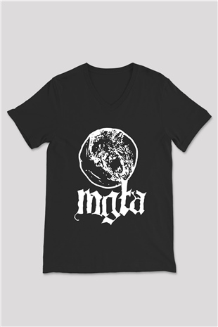 Mgla Baskılı Unisex Siyah V Yaka Tişört - Tshirt