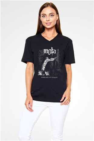 Mgla Baskılı Unisex Siyah V Yaka Tişört - Tshirt