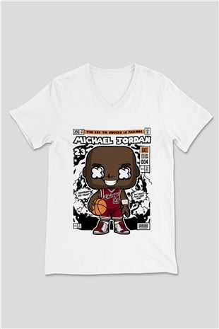 Michael Jordan Baskılı Unisex Beyaz V Yaka Tişört