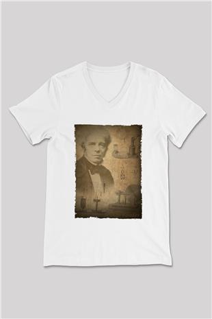 Michael Faraday Baskılı Unisex V Yaka Beyaz Tişört - Tshirt