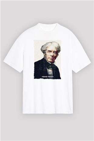 Michael Faraday Yazılı Portre Baskılı Unisex Oversize Beyaz Tişört - Tshirt