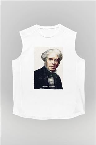 Michael Faraday Yazılı Portre Baskılı Unisex Kolsuz Beyaz Tişört - Tshirt