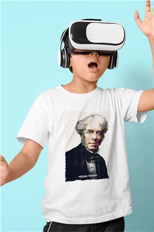 Michael Faraday Yazılı Portre Baskılı Unisex Beyaz Çocuk Tişörtü - Tshirt