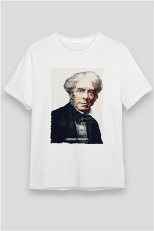 Michael Faraday Yazılı Portre Baskılı Unisex Beyaz Tişört - Tshirt