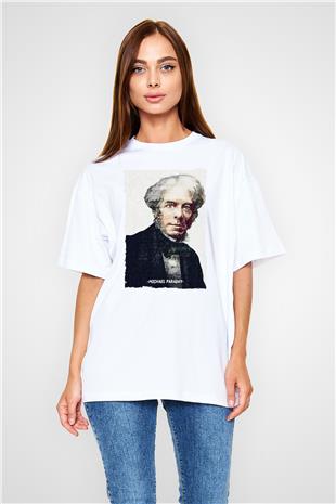 Michael Faraday Yazılı Portre Baskılı Unisex Oversize Beyaz Tişört - Tshirt