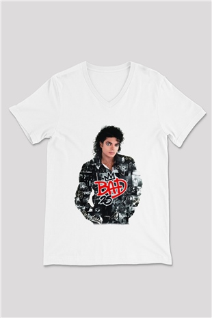 Michael Jackson Beyaz Unisex V Yaka Tişört T-Shirt