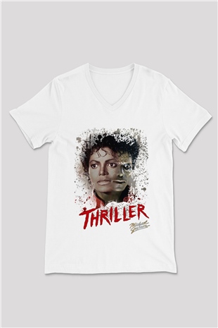 Michael Jackson Beyaz Unisex V Yaka Tişört T-Shirt