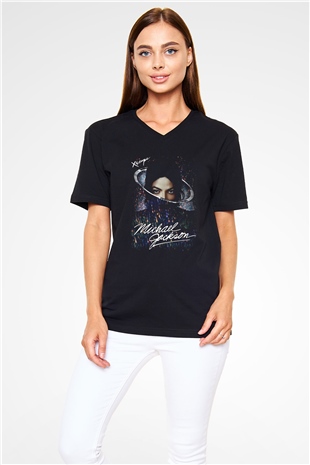 Michael Jackson Siyah Unisex V Yaka Tişört T-Shirt