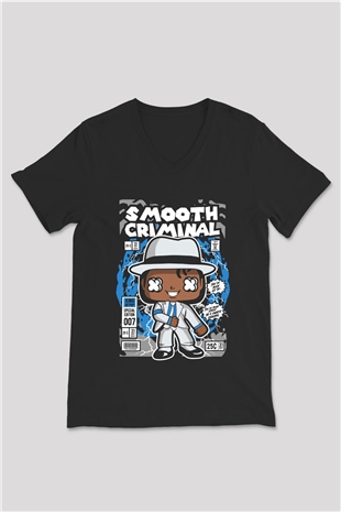 Michael Jackson Smooth Criminal Baskılı Unisex Siyah V Yaka Tişört