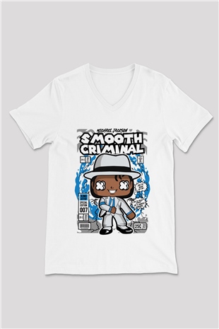 Michael Jackson Smooth Criminal Baskılı Unisex Beyaz V Yaka Tişört