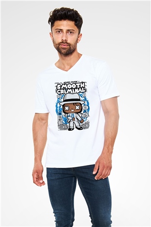 Michael Jackson Smooth Criminal Baskılı Unisex Beyaz V Yaka Tişört