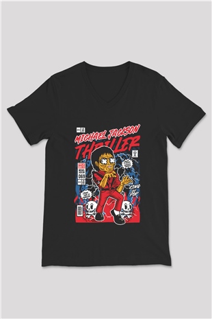 Michael Jackson Thriller Baskılı Unisex Siyah V Yaka Tişört