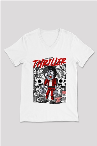 Michael Jakson Zombie Baskılı Unisex Beyaz V Yaka Tişört