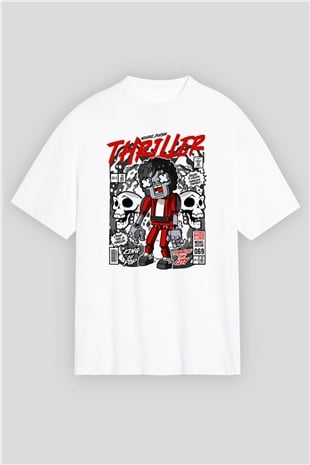 Michael Jakson Zombie Baskılı Unisex Beyaz Oversize Tişört