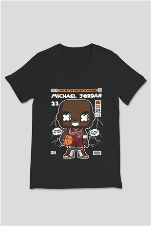 Michael Jordan Baskılı Unisex Siyah V Yaka Tişört