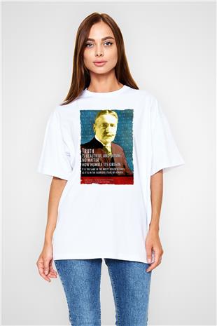 Michael Pupin Alıntı Baskılı Unisex Oversize Beyaz Tişört - Tshirt