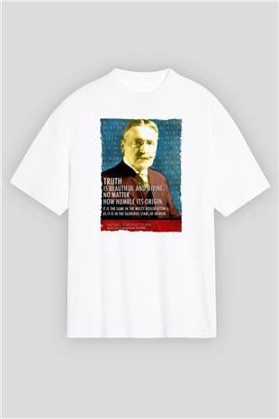 Michael Pupin Alıntı Baskılı Unisex Oversize Beyaz Tişört - Tshirt