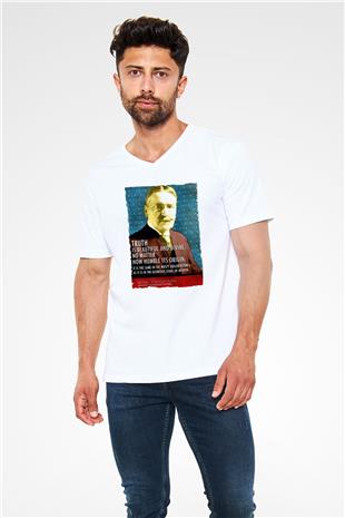 Michael Pupin Alıntı Baskılı Unisex V Yaka Beyaz Tişört - Tshirt
