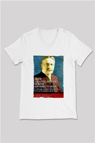 Michael Pupin Alıntı Baskılı Unisex V Yaka Beyaz Tişört - Tshirt