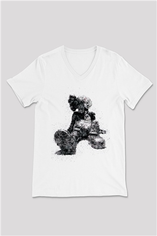 Mickey Baskılı Unisex Beyaz  V Yaka Tişört