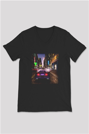 Midnight Club Siyah Unisex V Yaka Tişört T-Shirt