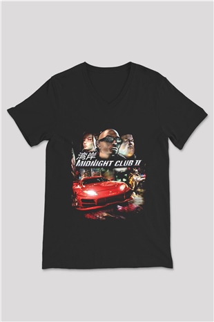 Midnight Club Siyah Unisex V Yaka Tişört