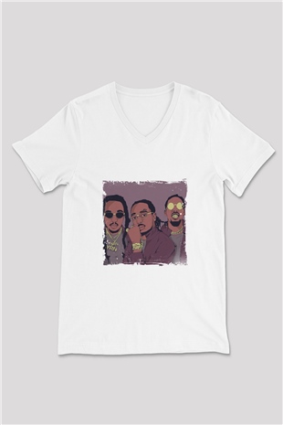 Migos Baskılı Beyaz V Yaka Unisex Tişört