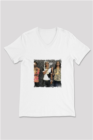 Migos Baskılı Beyaz V Yaka Unisex Tişört