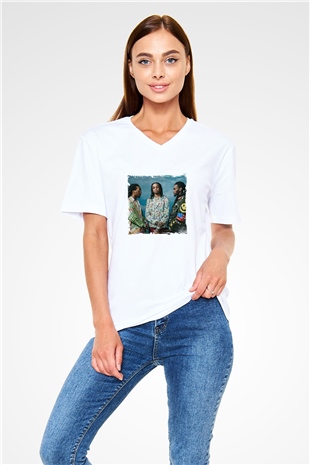 Migos Baskılı Beyaz V Yaka Unisex Tişört