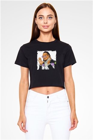 Migos Baskılı Crop Top Siyah Kadın Tişört