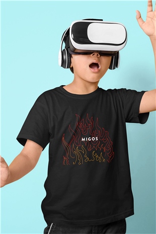 Migos Baskılı Siyah Unisex Çocuk Tişört
