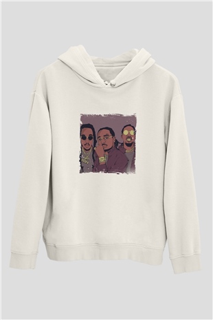 Migos Baskılı Unisex Beyaz Kapüşonlu Sweatshirt