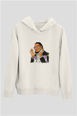 Migos Baskılı Unisex Beyaz Kapüşonlu Sweatshirt