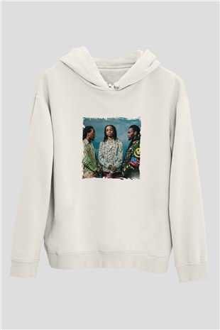 Migos Baskılı Unisex Beyaz Kapüşonlu Sweatshirt
