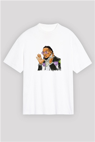 Migos Baskılı Oversize Beyaz Tişört