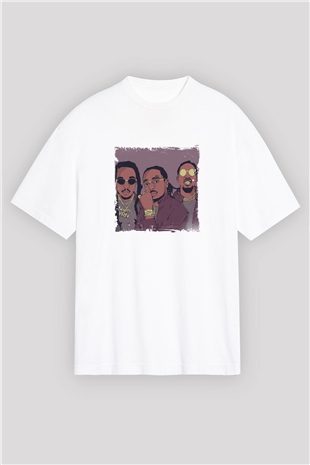 Migos Baskılı Oversize Beyaz Tişört